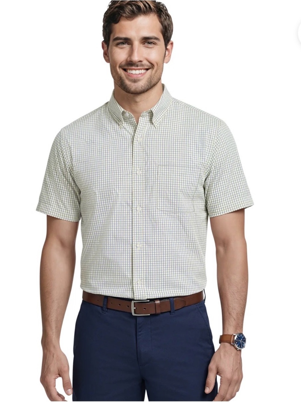 Izod Short Sleeve Button-Down Shirt in White and Blue Check - Picture 2 of 10